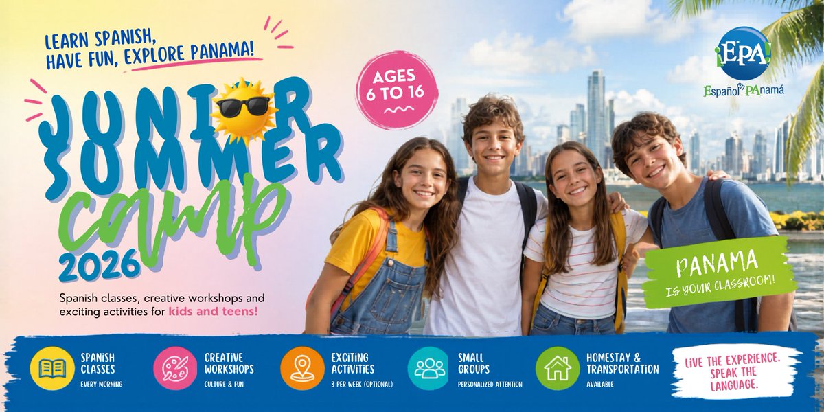 EPAPanama's tweet photo. ☀️🇵🇦 Junior Summer Camp 2026!

Learn Spanish in Panama through fun classes &amp; cultural activities ✨

👧🧒 Ages 6–16
📅 July 6–31, 2026

#SpanishCamp #Panama #LearnSpanish https://t.co/jVMy53LhZN