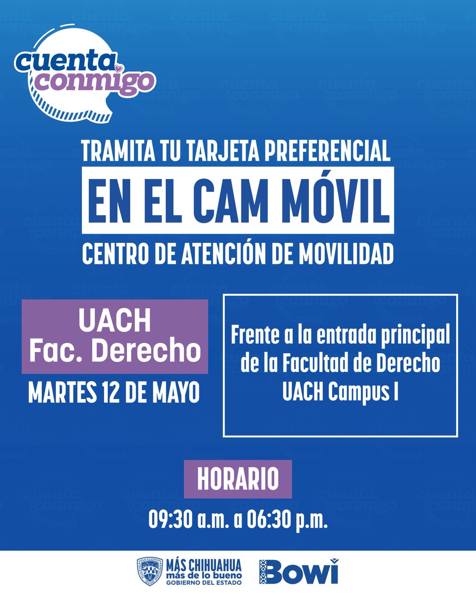 Bowi_CUU's tweet photo. 📍¡El CAM Móvil llega a la Facultad de Derecho de la UACH Campus I!

Tramita tu tarjeta preferencial, frente a la entrada principal de la Facultad de Derecho 🚍💳

🗓️ Martes 12 de mayo
⏰ 09:30 a.m. a 06:30 p.m.

¡No dejes pasar la oportunidad!

@GobiernoEdoChih @segegobchih https://t.co/jTMe3LEaja