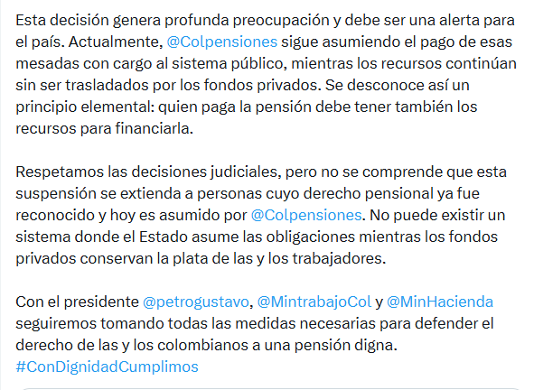 larepublica_co's tweet photo. #Atento | "Esta decisión genera profunda preocupación y debe ser una alerta para el país. Actualmente, Colpensiones sigue asumiendo el pago de esas mesadas con cargo al sistema público, mientras los recursos continúan sin ser trasladados por los fondos privados", advirtió Sanguino