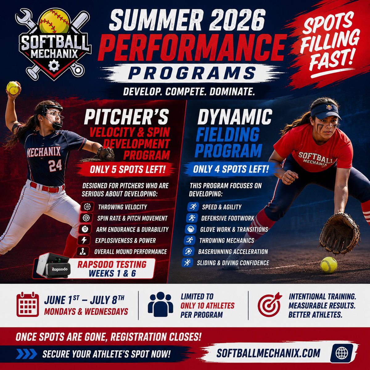 mechanix2020's tweet photo. 🚨 Summer Programs are filling FAST 🥎🔥

Only 5 spots left in our Pitcher’s Velocity &amp; Spin Development Program &amp; ONLY 4 spots left in our Dynamic Fielding Program!

June 1–July 8 | Mon &amp; Wed

Train with purpose. Spots won’t last!

#SoftballMechanix https://t.co/cedl9nP0cA