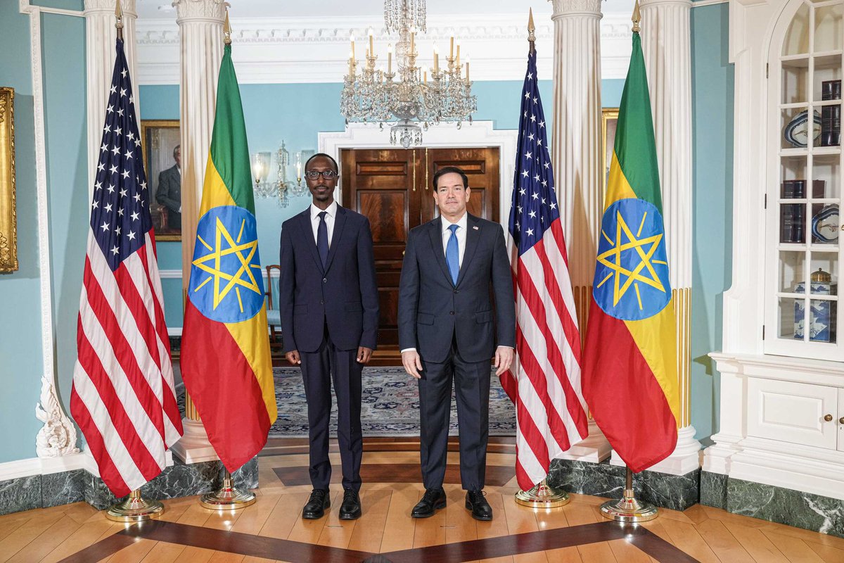 HornCurrent's tweet photo. US foreign secretary Rubio tweets this 

“Met with Ethiopian Foreign Minister @GHessebon today to discuss expanding our security partnership and increasing commercial opportunities between our two nations’’. https://t.co/0ngYy0W8vM