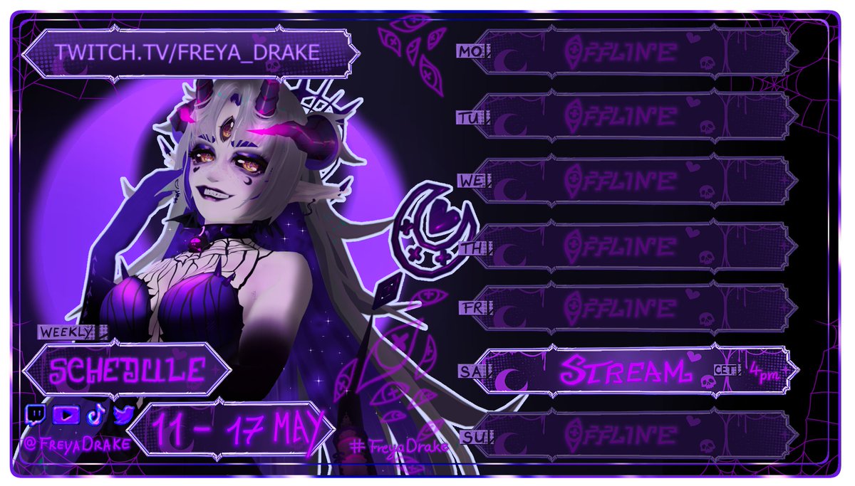 FreyaDrake9's tweet photo. 🔴🌙STream for this week 🌙🔴

feel stressed out of Live rn 💀
but will keep it up as much as I can 💜💜💜

see you there💜🌙💀
#freyadrake https://t.co/SH4fc6PQan