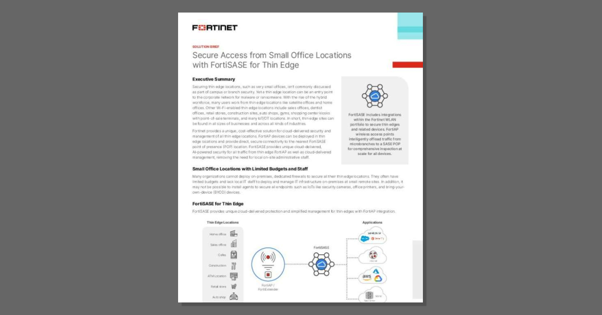LouGuiga's tweet photo. Thin edge offices are easy targets for cyberattacks. 🚨 Download the solution brief to see how #FortiSASE uses cloud-based security to keep them protected. @fortinet https://t.co/d4iB3RArHP https://t.co/epbacOZEIa