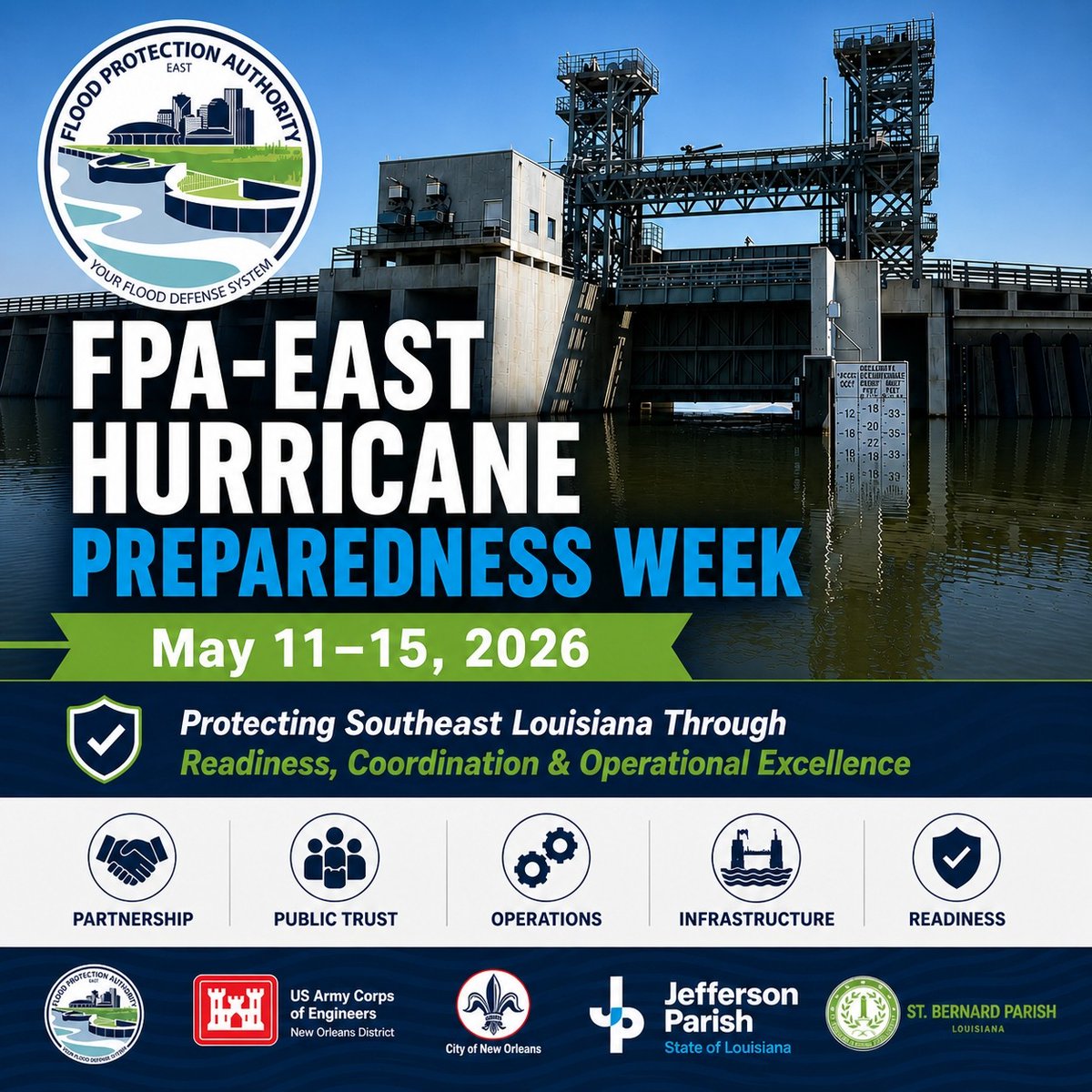 SLFPAE's tweet photo. Today, FPA-East kicked off Hurricane Preparedness Week with regional leaders, emergency management partners, and the U.S. Army Corps of Engineers focused on coordination, readiness, and operational preparedness ahead of hurricane season.

#lagov #hurricanepreparednessweek #nola https://t.co/rbZGyfyzVk