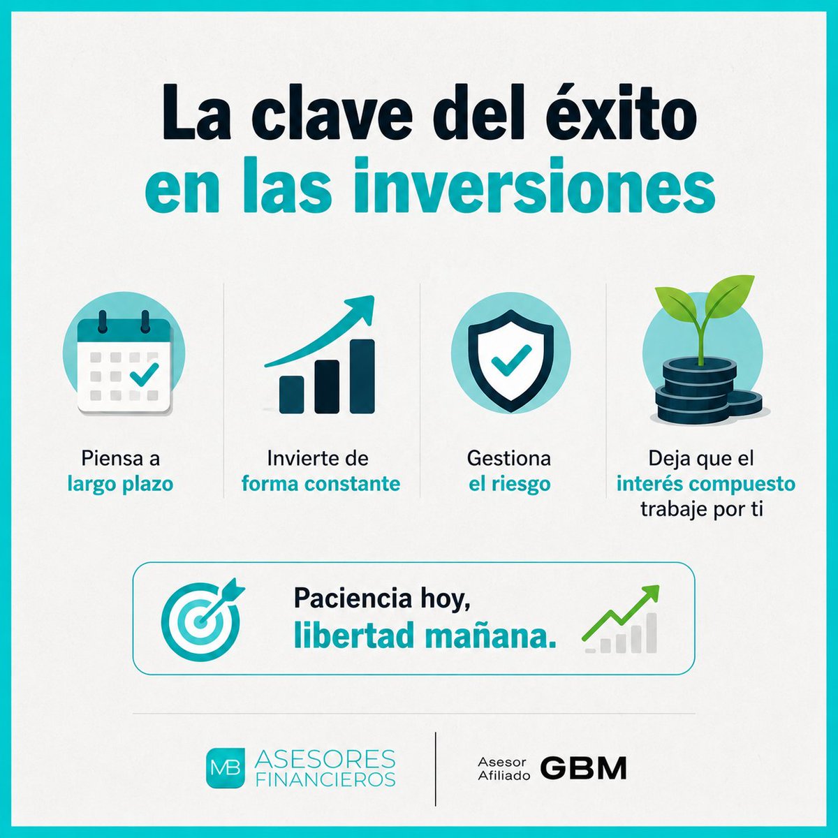 MBAsesoresMX's tweet photo. Invertir con éxito no siempre depende de encontrar “la oportunidad perfecta”, sino de mantener hábitos financieros consistentes a lo largo del tiempo.
#MBAsesoresFinancieros #InversionInteligente #EducacionFinanciera #InteresCompuesto https://t.co/3I6qeaodEq
