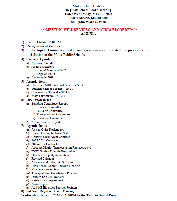 MaltaHighSchool's tweet photo. Malta Public Schools Board of Trustees public notice of regular meeting. https://t.co/QM2ziwN3ul