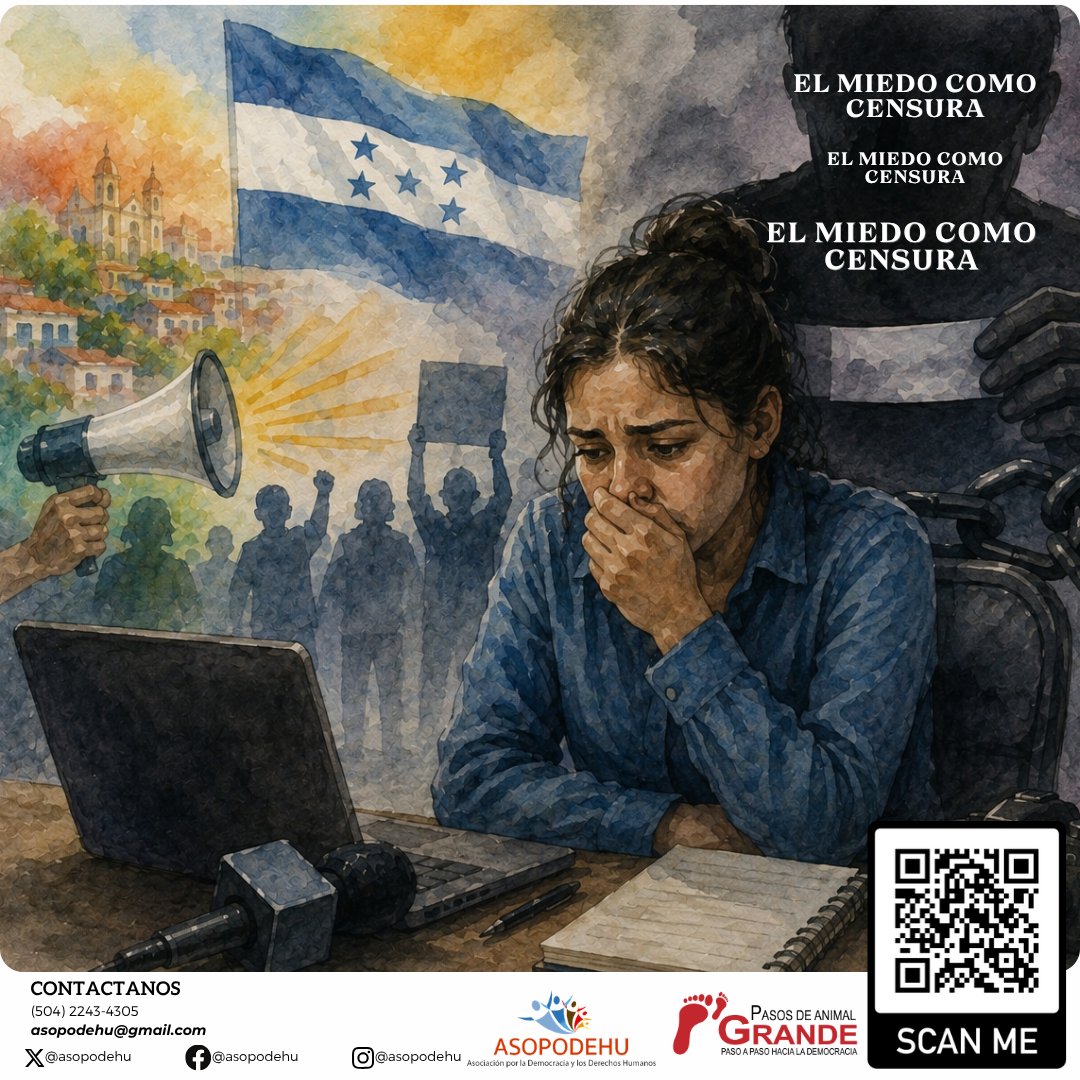 asopodehu's tweet photo. El miedo también puede convertirse en censura.
Cuando opinar, denunciar o informar genera temor, aparece la autocensura. Y cuando las voces callan:
⚠️ se debilita la participación
⚠️ disminuye el debate público
⚠️ la democracia pierde fuerza
📢 Expresarse no debe ser un riesgo. https://t.co/1IJJFVOtnC