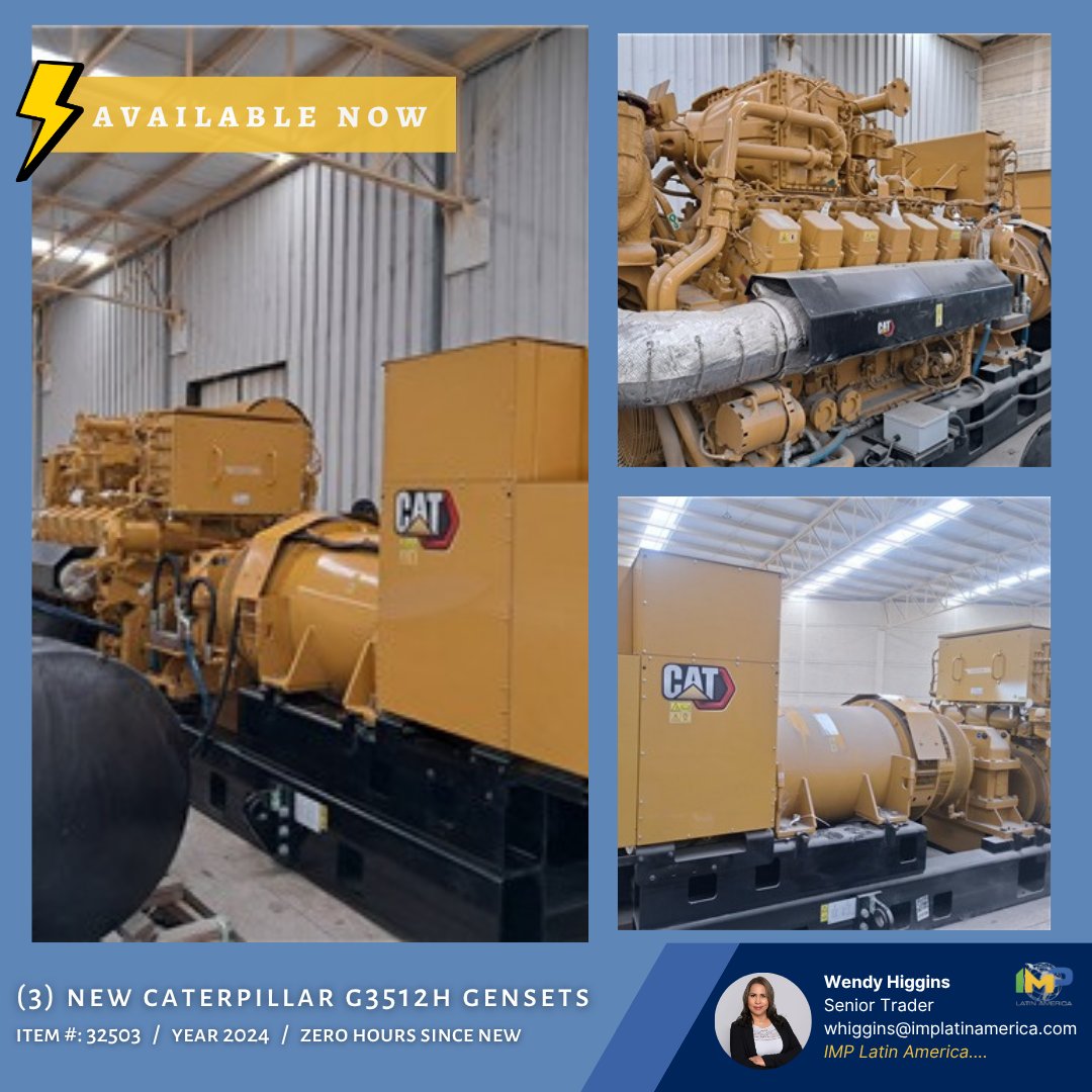 IMP_LA's tweet photo. (3) CAT G3512H nuevos a gas natural.
Potencia de 1475 kW, 60 Hz, 480 V, 1500 RPM. 
Año 2024, cero horas de uso.
Radiador, medidor rotativo, silenciador y filtro coalescente.
N.º de artículo: 32503

📞: +1 305 979 1110
📧: whiggins@implatinamerica.com
🌐: https://t.co/akx6V1CmiU https://t.co/OHxa5xbQ0s