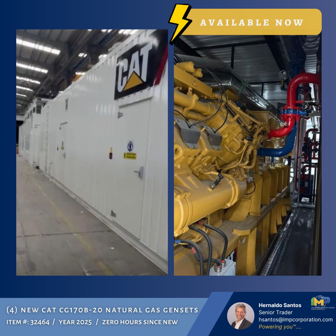 IMPcorp's tweet photo. (4) New Caterpillar CG170B-20 enclosed natural gas generator sets.
Rated at 2300 kW, 50 Hz, 11000 V.
Year 2025, zero hours since new. 
Item #: 32464

📞 Text, call, or WhatsApp: +1 562 842-6523
 📧 Email: hsantos@impcorporation.com
Web: https://t.co/kZYuRwFJ35 https://t.co/tBb45y3w0C
