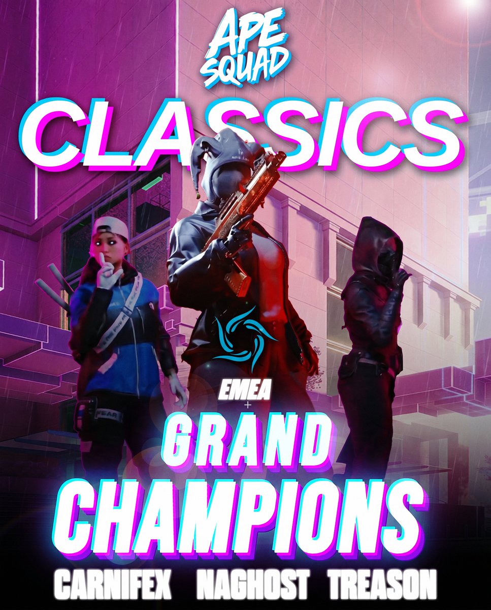 ApeSquadOrg's tweet photo. CONGRATULATIONS @FiveFears 

@carnifexGG 
@NAGHOSTX6_TF 
@Treason_fps 

BECAME CLASSIC

#ApeSquadClassics #TheFinals #EMEA https://t.co/66yfnBpDZm