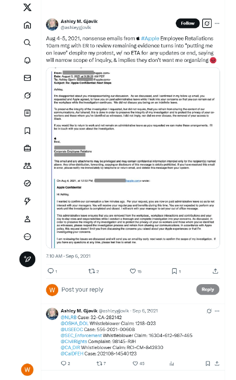 ashleygjovik's tweet photo. Remember when Apple blocked my lawsuit for 3mo because Apple bankrupted me? Apple sent discovery docs right before, let it expire, &amp; hoped I forgot. I made Apple resend, got it today, &amp; they're f'n wild. Ticket for final investigation into me included EEOC/DFEH &amp; NLRB complaints. https://t.co/wHRY3TnEms