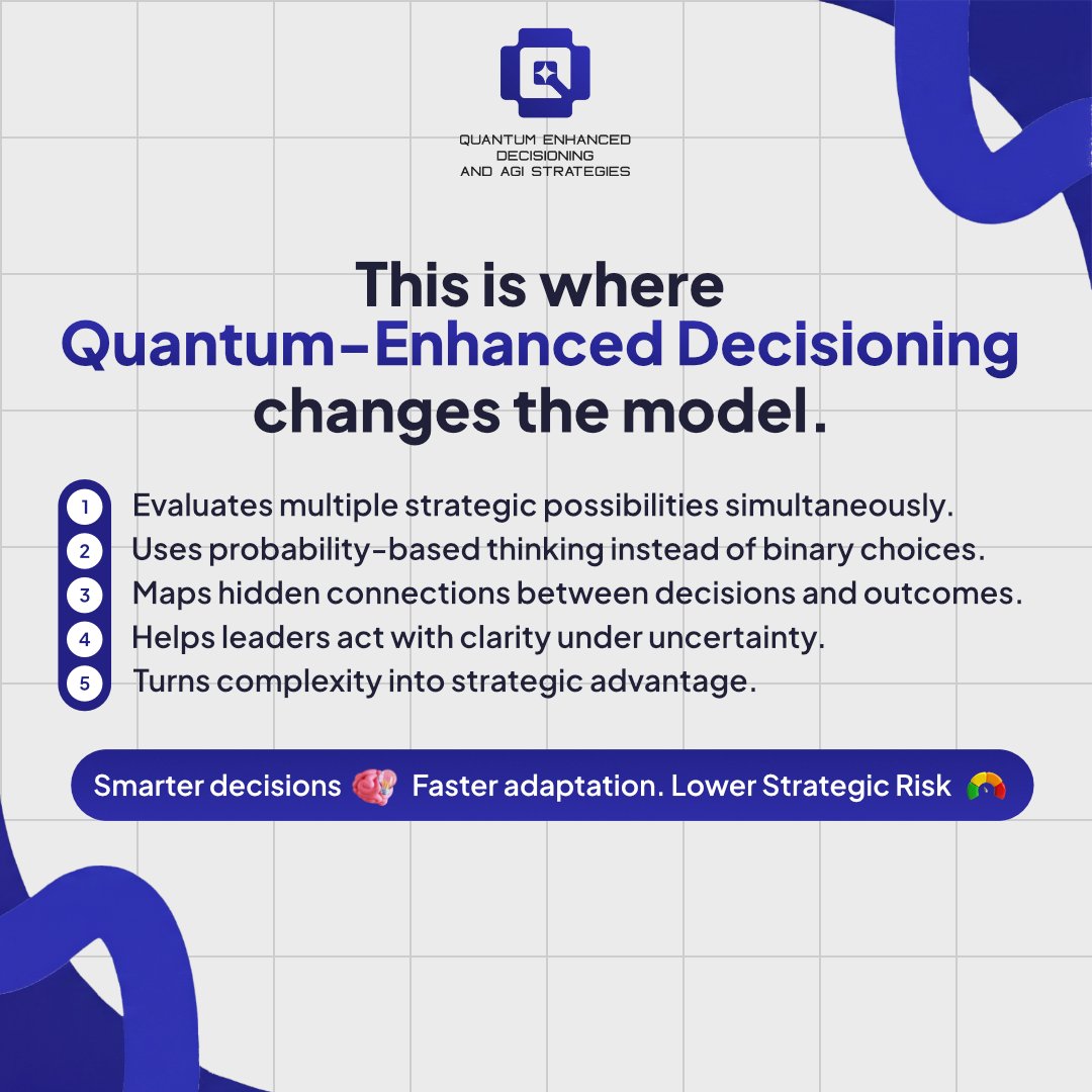 Quantumende's tweet photo. Most organisations aren’t struggling with information.
They’re struggling with decision clarity.
Quantum-Enhanced Decisioning helps leaders:
→ evaluate multiple possibilities
→ think in probabilities
→ reduce decision paralysis
→ act faster with confidence
#AI #Leadership https://t.co/xml3oBpXwU