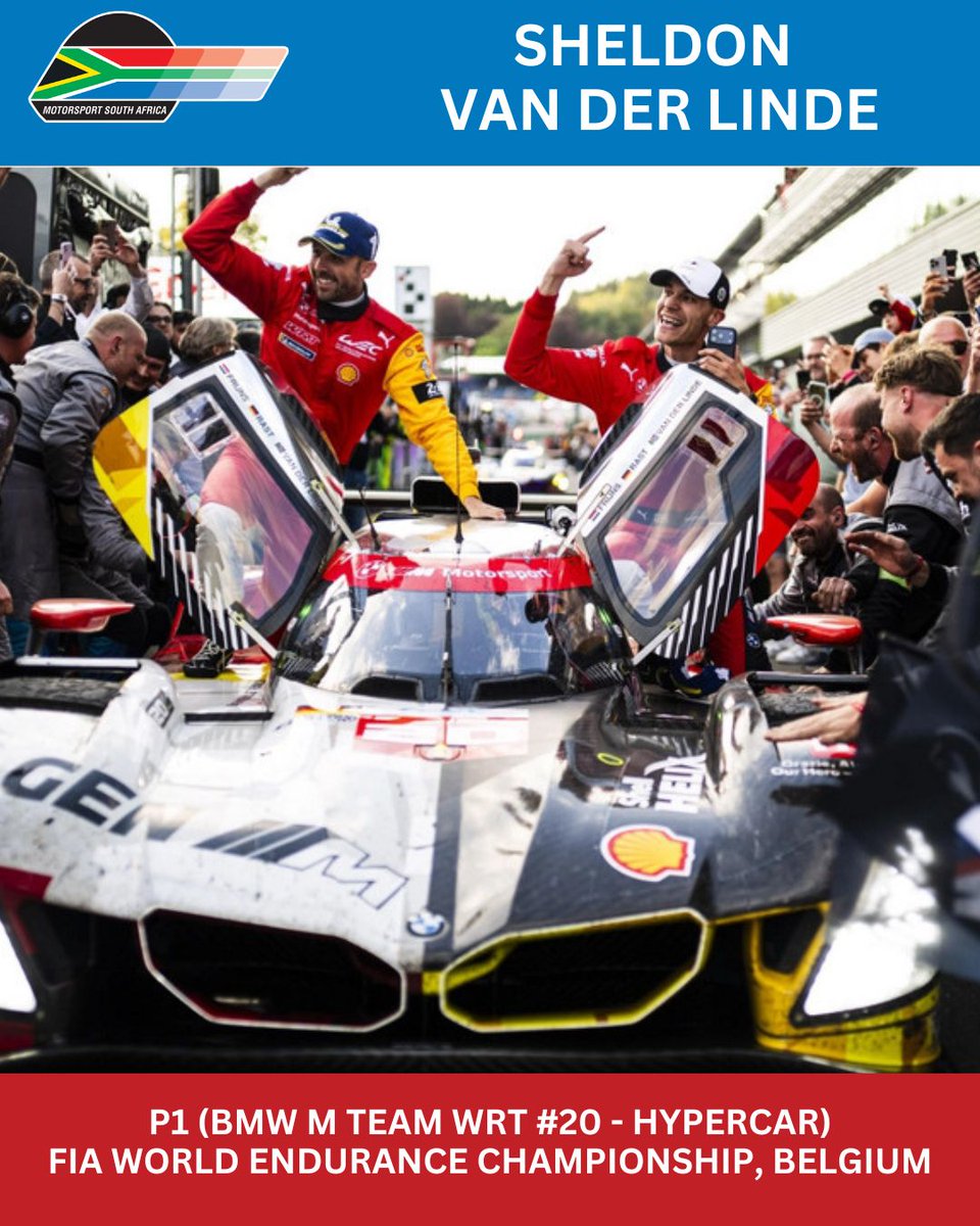 MotorsportSA's tweet photo. AMENDED INTERNATIONAL RESULTS | 7 – 10 MAY 2026

South African competitors continued to deliver strong performances on the international stage this past weekend, taking on some of the world’s toughest fields across endurance racing, GT competition, superbikes and circuit racing. From podium finishes to class victories, local talent once again represented the country with distinction across Europe and Asia.

CAMPEONATO DE ESPAÑA DE SUPERBIKE (ESBK) – CIRCUITO DE NAVARRA, SPAIN

Diego de Ponte – Supersport / Stock 600
R1 – P7
R2 – P8
Overall – P2 in the Stock 600 Class

Strong consistency across both races in a competitive Supersport field, with a solid P2 overall result in the Stock 600 class.

Steven Odendaal – Superbike
R1 – P2
R2 – P2

Double podium finish with two second-place results in the Superbike category.

FIA WORLD ENDURANCE CHAMPIONSHIP – BELGIUM

Sheldon van der Linde – BMW M Team WRT #20 Hypercar
P1 Overall

Outstanding performance to claim overall victory in the Hypercar category.

FIM ASIA ROAD RACING CHAMPIONSHIP – THAILAND

Oratilwe Phiri – TVS
R1 – P3
R2 – P11

Podium finish in Race 1 against a competitive international field.

ITALIAN GT ENDURANCE CHAMPIONSHIP – MISANO, ITALY

David Perel – GT3 Pro Am
P14 Overall
P7 in Class

Excellent drive in the GT3 Pro Am competition.

Stuart White and Xolile Letlaka – GT3 Pro Am
P6 Overall
P3 in Class

Strong class result in a large and competitive endurance racing field.

Andrew Rackstraw – GT3 Pro Am
P7 Overall
P4 in Class

Competitive outing in a packed GT endurance field.

LAMBORGHINI SUPER TROFEO EUROPE – ITALY

Anthony Pretorius
R1 – P6
R2 – P3

Finished the weekend on the podium with a strong Race 2 result.

Congratulations to all South Africans competing internationally this weekend.

All featured competitors hold a valid Motorsport South Africa competition licence. Results reflect top ten performances achieved in internationally sanctioned events.

#MotorsportSA #InternationalResults #RacingAbroad #SouthAfricaOnTrack #GlobalMotorsport #ProudlySA