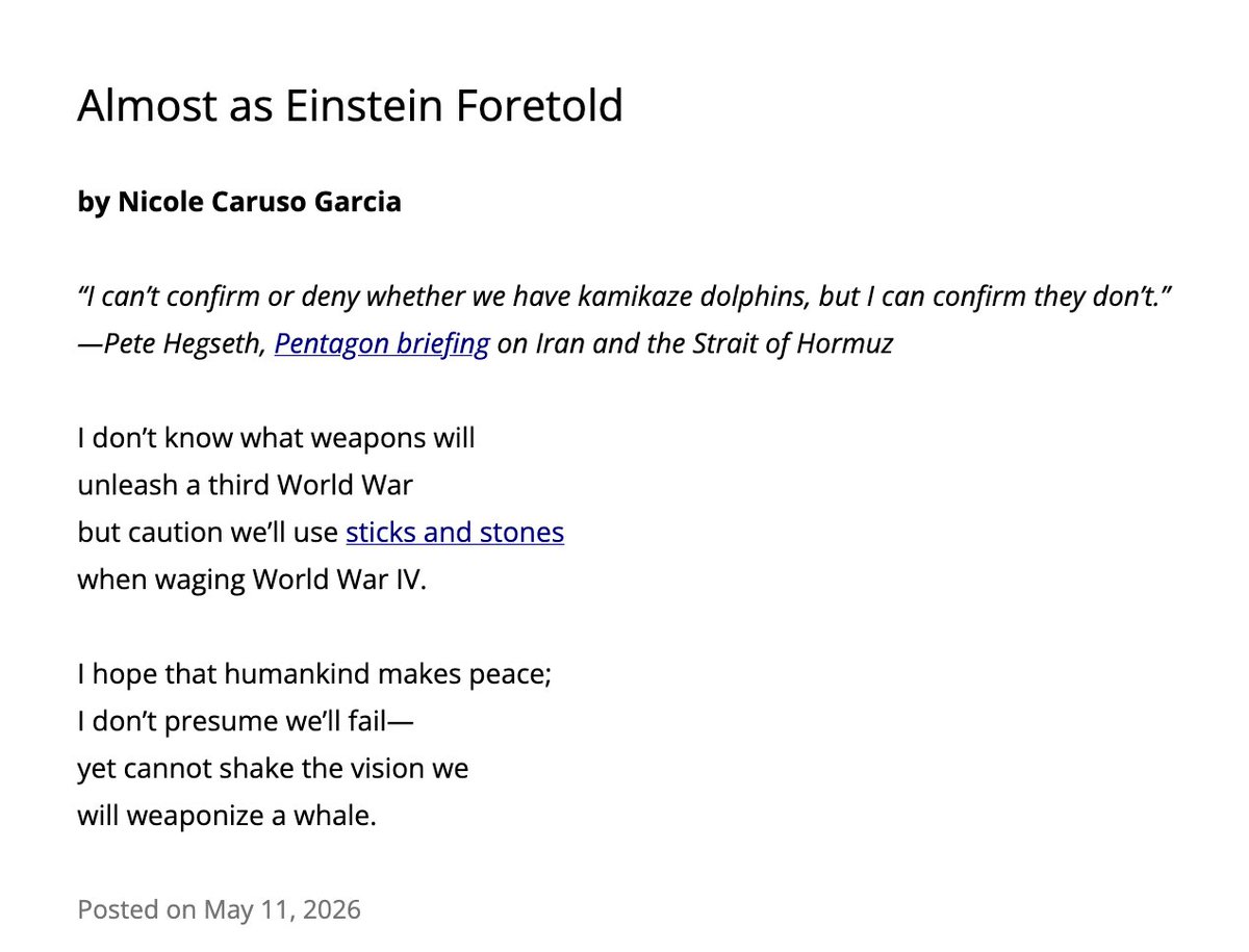 Nicole_C_Garcia's tweet photo. If you have a couple minutes & need an afternoon laugh, I hope you'll read @LightPoetryMag's Poems of the Week! Many thanks to Light editors @MelissaBalmain & Kevin Durkin.
https://t.co/j5hwVti7Cj
#kamikazedolphins #poetry #humor #comedy #poetrycommunity #lightverse #FunnyPoems https://t.co/nV8L5545Gx