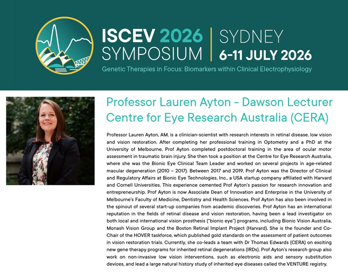 iscev_org's tweet photo. The 2026 Dawson Lecture speaker for 2026 will be Professor Lauren Ayton, a clinician-scientist specialising in retinal disease, low vision and vision restoration. https://t.co/mTWfcIpBPE