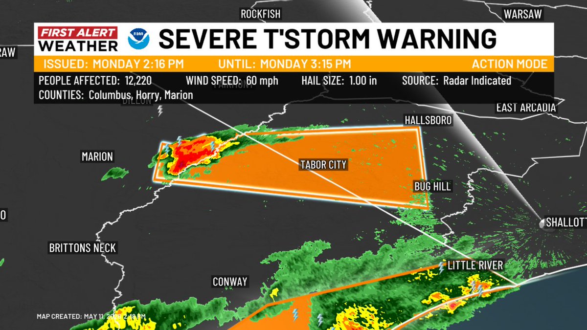 TVsGabeRoss's tweet photo. WX ALERT: Severe Thunderstorm Warning issued for Columbus, Marion, Horry co. until 5/11 3:15PM #WECTwx https://t.co/8kPN8Qqdcl