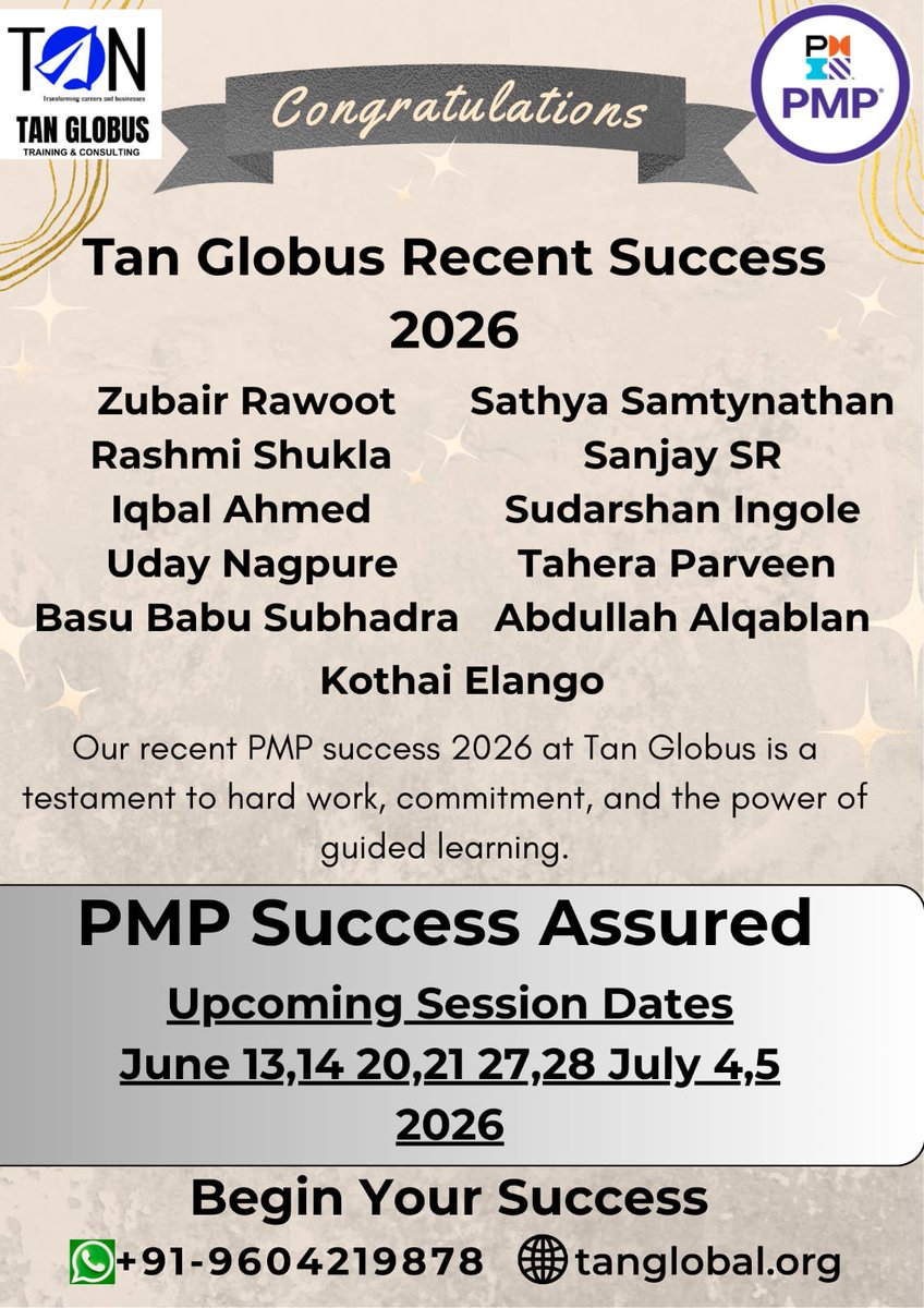 tanveermsayed's tweet photo. 🚀 Congratulations to Kothai Elango &amp; Abdullah Alqablan achieving PMP® Certification!
Another success for TAN Globus.
📢 New PMP Weekend Batch restarting this Saturday.
Upskill. Get Certified. Grow Your Career.
🌐 https://t.co/0xuAEcw202
📞 +91-9604219878

#PMP #PMPCertification https://t.co/lBmBI8A70m