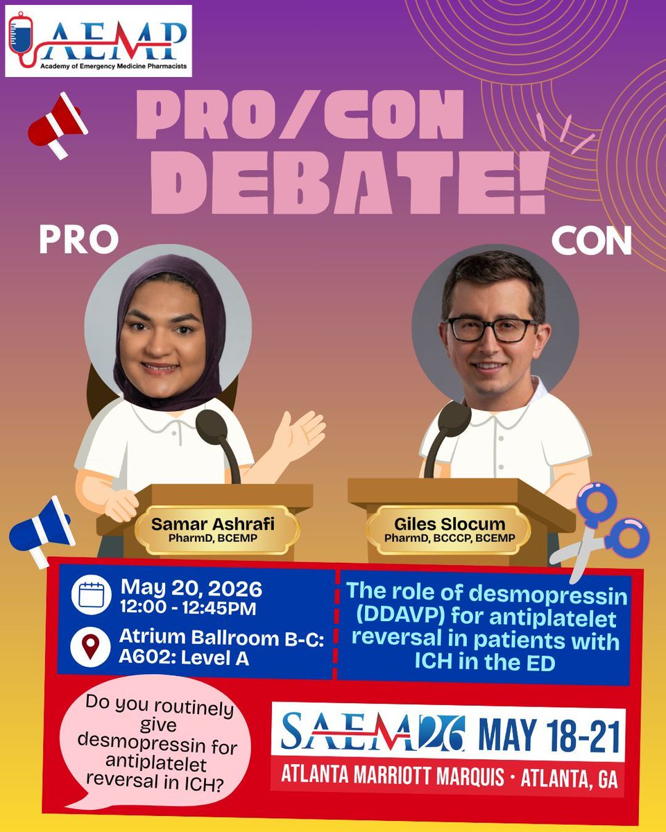 SAEM_AEMP's tweet photo. Do you think desmopressin should be given routinely for ICH? Check out this pro/con debate at #AEMP26 to see what our speakers think! 

See link https://t.co/B65w1hwmvJ for the full schedule and to register!

**AEMP26 registration gives you access to the full SAEM26 conference** https://t.co/9PkFrHa8g7