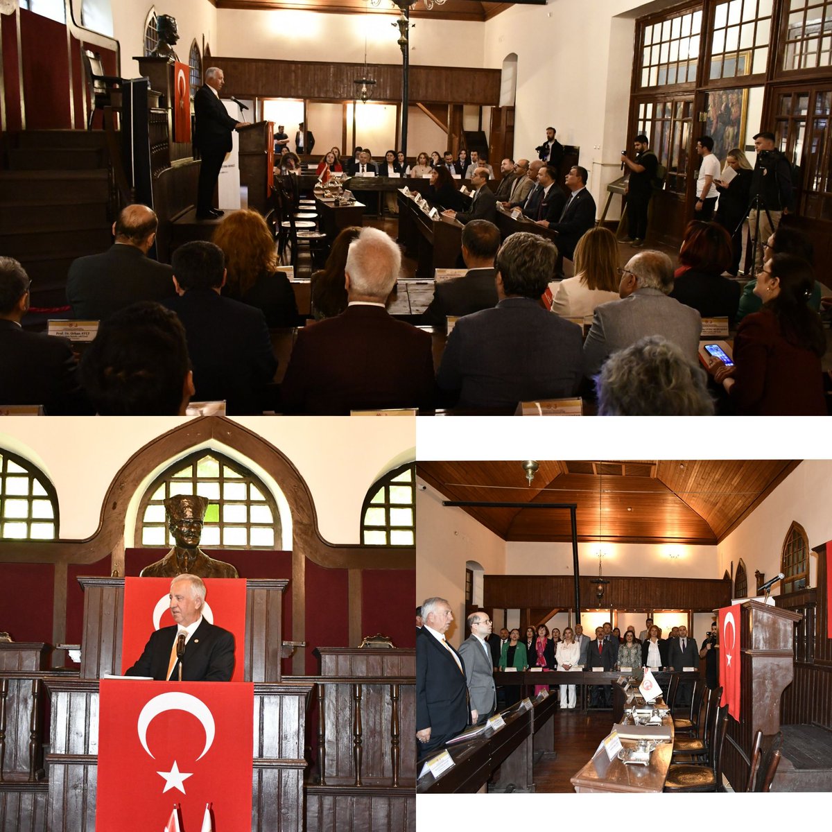 AtamBaskanlik's tweet photo. Cumhuriyetin Kurucu Ruhuyla Tarihî Toplantı: ATAM Bilim Kurulu 1. Meclis’te Bir Araya Geldi
Atatürk Araştırma Merkezi (ATAM) Bilim Kurulu Olağan Toplantısının Kapanış ve Değerlendirme Oturumu, 11 Mayıs 2026 tarihinde Türkiye Büyük Millet Meclisinin ilk açıldığı tarihî 1. Meclis binasında gerçekleştirildi. Cumhuriyetin temellerinin atıldığı tarihî mekânda düzenlenen toplantı, ilk Meclisin açılış saati olan 14.00’da başladı.
Toplantı öncesinde, Atatürk Kültür, Dil ve Tarih Yüksek Kurulu Yerleşkesi’nde “Türk Kanunu Medenisi ve Cumhuriyet Sergisi”nin açılışı gerçekleştirildi. Açılış programına Atatürk Kültür, Dil ve Tarih Yüksek Kurumu Başkanı BE Prof. Dr. Derya Örs, Atatürk Araştırma Merkezi Başkanı Prof. Dr. Ahmet Kılınç, ATAM Bilim Kurulu üyeleri ve davetliler katıldı. Cumhuriyetin hukuk ve çağdaşlaşma anlayışını yansıtan sergi, katılımcılar tarafından ilgiyle ziyaret edildi.
Kapanış ve Değerlendirme Oturumu’nun açılış konuşması tıpkı 1. Meclis’in açılışında olduğu gibi kurulun en yaşlı üyesi olan Doç. Dr. Hasan Cicioğlu tarafından yapıldı. Konuşması öncesinde Meclis kürsüsündeki Türk Bayrağı’nı öperek alnına koyan Doç. Dr. Hasan Cicioğlu, hayatının en onurlu günlerinden birini yaşadığını ifade etti. 1. Meclisin millî değerlerin kutsal mekânı olduğunu vurgulayan Cicioğlu, 23 Nisan 1920’nin yalnızca bir meclisin açılışı değil, aynı zamanda bir milletin yeniden dirilişi olduğunu belirtti.
Konuşmasında Meclisin açılış sürecinde yaşanan zorluklara ve fedakâr Ankara halkının desteklerine değinen Cicioğlu, ilk Meclisin açılış konuşmasını yapan Sinop Milletvekili Şerif Bey’in hitabından alıntılar yaptı. Şerif Bey’in konuşmasında ilk kez “Büyük Millet Meclisi” ifadesini kullanarak Meclisin meşruiyetini ortaya koyduğunu ifade etti.
Ardından kürsüye çıkan Prof. Dr. Ahmet Kılınç, Kasım ayında gerçekleştirilen Bilim Kurulu toplantısı kapsamında Anıtkabir’de Ata’nın huzurunda bulunmanın ardından bugün de 1. Mecliste yer almaktan büyük gurur duyduğunu ifade etti. Konuşmasında, İstanbul’un 16 Mart 1920’de işgal edilmesi sonrasında yaşanan gelişmelere ve Mustafa Kemal Paşa’nın Millî Mücadele sürecindeki liderliğine değinen Prof. Dr. Ahmet Kılınç, 1. Mecliste alınan tarihî kararların millet iradesinin en güçlü tezahürü olduğunu belirtti.
Millî Mücadelenin zorlu şartlar altında kazanıldığına dikkat çeken Prof. Dr. Ahmet Kılınç, Atatürk Araştırma Merkezi Başkanlığının üstlendiği tarihî sorumluluğun önemini vurgulayarak kurumun yürüttüğü bilimsel çalışmalar ve gelecek vizyonu hakkında bilgi verdi. “Yalnız taş, duvar olmaz” sözünü hatırlatan Prof. Dr. Ahmet Kılınç, elde edilen başarıların birlik ve dayanışma ruhuyla mümkün olduğunu ifade etti.
Program kapsamında ayrıca, Gazi Mustafa Kemal Atatürk’ün 1 Kasım 1936 tarihinde Türkiye Büyük Millet Meclisinin 5. Dönem 2. Yasama Yılı açılışında yaptığı tarihî konuşma dinletildi. Bilim Kurulu toplantısının son kararının okunarak oylanmasının ardından program sona erdi. Toplu fotoğraf çekiminin ardından heyet Kurtuluş Müzesi'ni gezerek 1. Meclis binasından ayrıldı.