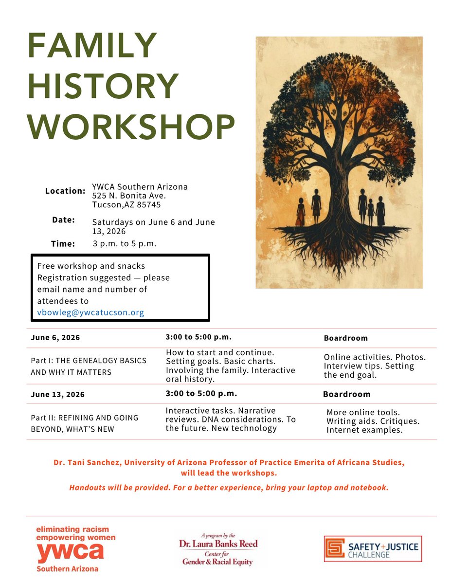 BooksClassrooms's tweet photo. Discover your roots and preserve your family stories at the Family History Workshop hosted by @YWCASouthernAZ  

Please register by emailing your name and number of attendees to vbowleg@ywcatuscon.org

Bring your laptop and notebook for the best experience! https://t.co/EEyYTjiIlf