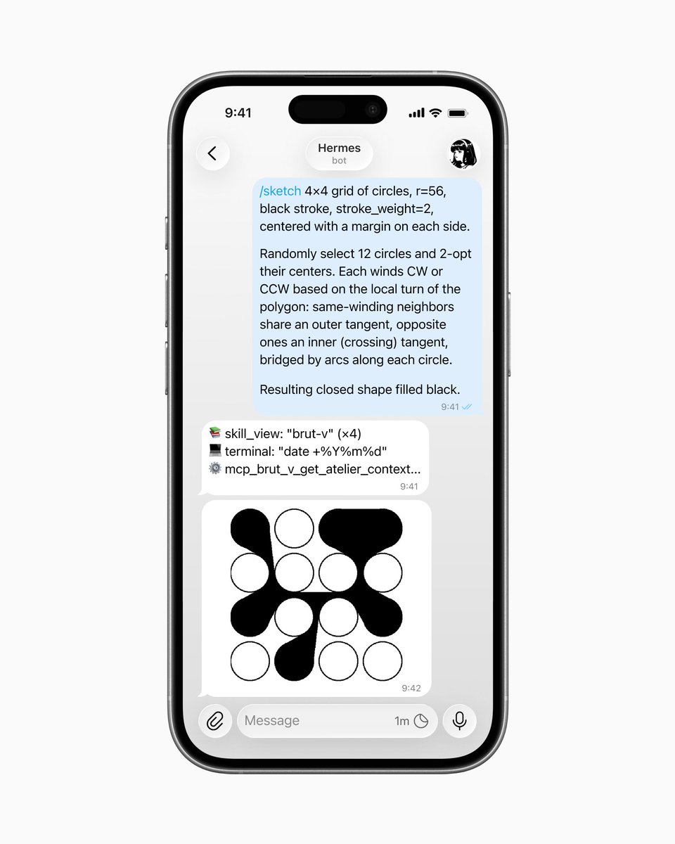 daumerval's tweet photo. @NousResearch @Teknium One more piece of the Brut-V workflow: Hermes can control the runtime from Telegram.

A /sketch command triggers the whole loop: write RISC-V assembly, run the sketch in the web runtime, snapshot the output, and send it back.

You can also ask for the /source and an explanation. https://t.co/Y1ONsrnBKf