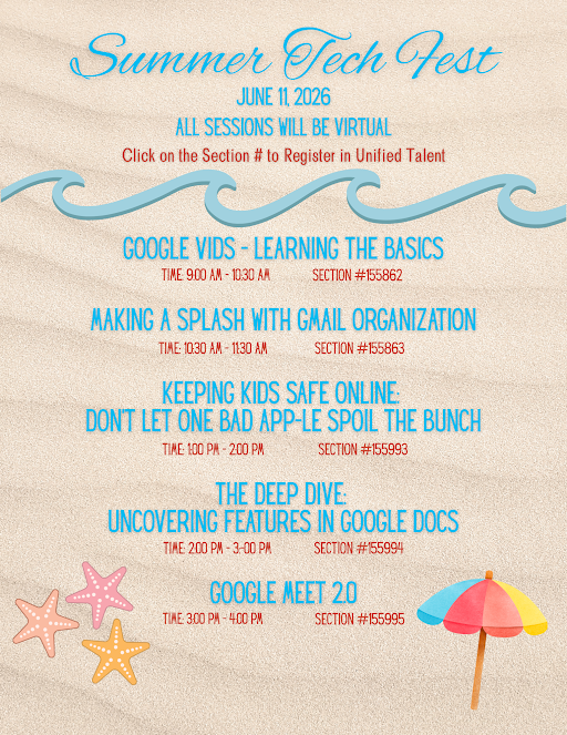 NISDTechTD's tweet photo. Grab your laptop and a cold drink! 🍹 The Summer Tech Fest is happening June 11th. 5 power sessions, 100% virtual, and all the tools you need to make next year your best one yet. 🐚

Click your section # in Unified Talent to snag your spot! 🚀 #SummerLearning #GoogleEDU https://t.co/DidNUgRfQ6