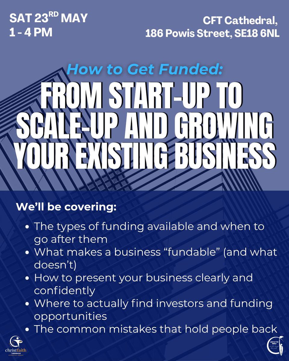 cftchurches's tweet photo. If you're serious about getting funding whether for a new idea or to grow something you’ve already built, this will give you a solid starting point and a clearer path forward.

Register via the Link in Bio
 
#BusinessSeminar #LondonEvent #FundingAdvice https://t.co/B2PsbWbqJ5