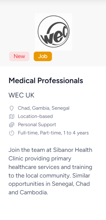 oscaruk's tweet photo. NEW JOB: Medical Professionals, Chad, Gambia, Senegal - WEC UK https://t.co/uN9nE7Y4S0 @wecuk #ChristianJobs #Missions https://t.co/61fdOjcrxI