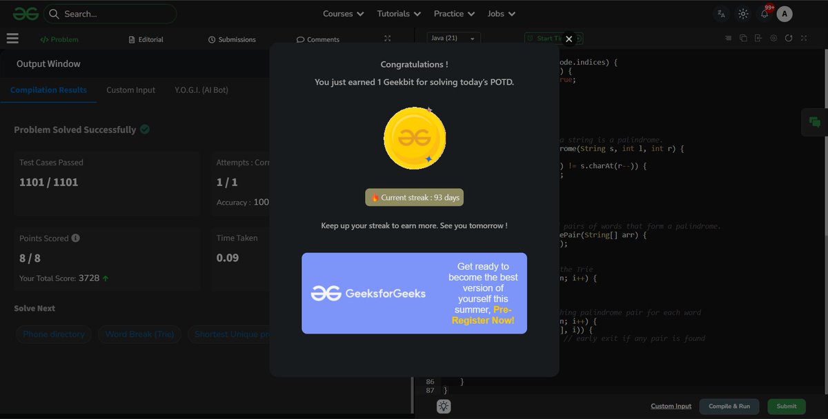 arundutta2004's tweet photo. Day 83 (Problem Statement: Palindrome Pairs) of the POTD challenge powered by @NPCI_NPCI conducted by @geeksforgeeks, successfully submitted.

#geekstreak60 #npci https://t.co/EqTDweGV3U