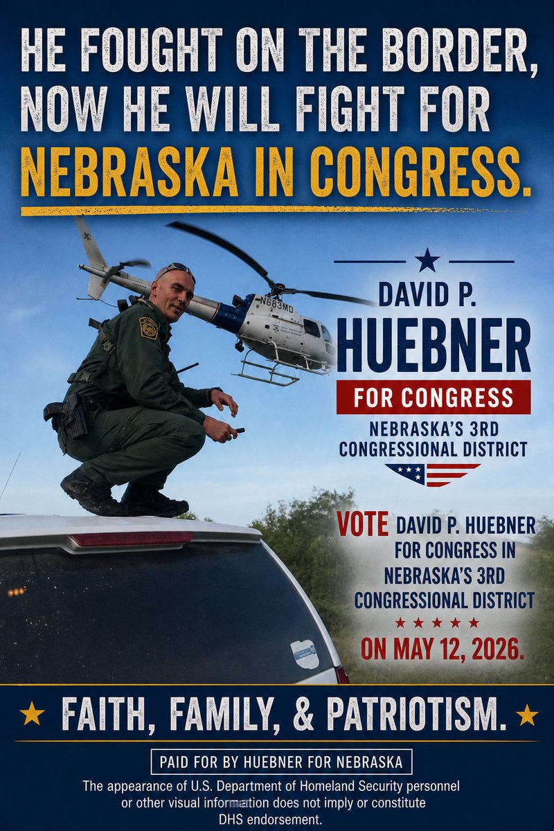 Huebner4NebrCD3's tweet photo. 💪 Put a Border Patrol Agent, Agricultural Producer, and Businessman in the U.S. House, Nebraska’s 3rd Congressional District. 

🔺I’m not a politician nor has this campaign been for sale. I’m not going down that road. I’m working for you - the voters who live here, not for lobby donations or special interests. 

🔺This campaign is all about our Faith in Christ, Traditional Families, Honoring our Heritage, and Servant Leadership forged in uniform and business. 

✅ HUEBNER for CONGRESS tomorrow! Tell your friends!