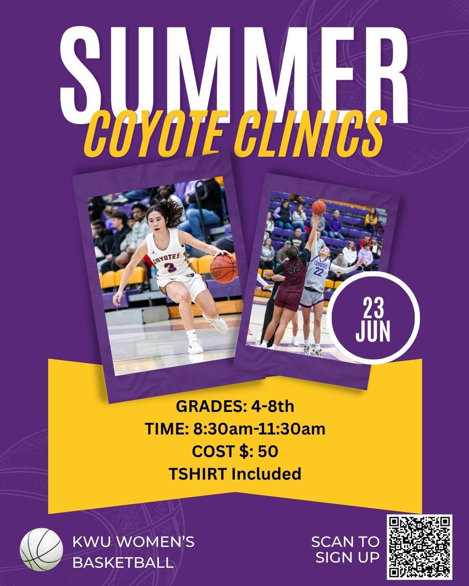 KwuWbb's tweet photo. Middle school hoopers - this one's for you! 

Want a chance to learn from college players and coaches? Scan the QR code to be a part of our Coyote Clinic! 🏀

#rollyotes https://t.co/gjYODMFlYI