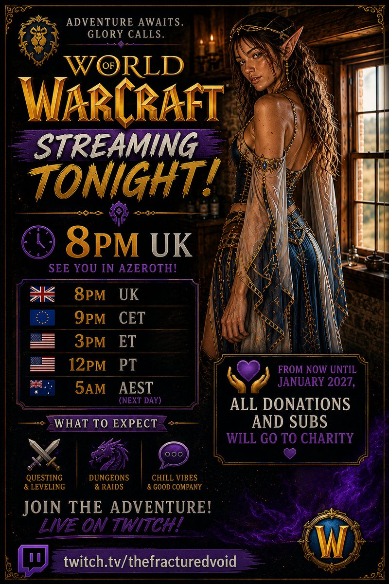 PandaBearspan's tweet photo. Tonight we return to Azeroth 👀

Questing, leveling &amp; chaos await ⚔️

🕗 8PM UK · 9PM CET · 3PM ET · 12PM PT · 5AM AEST

💜 All donations &amp; subs until Jan 2027 go to charity

🔗 https://t.co/4i4iUyPis0

#WoW #WorldOfWarcraft #Gaming #Twitch https://t.co/nBMQcNgVD8
