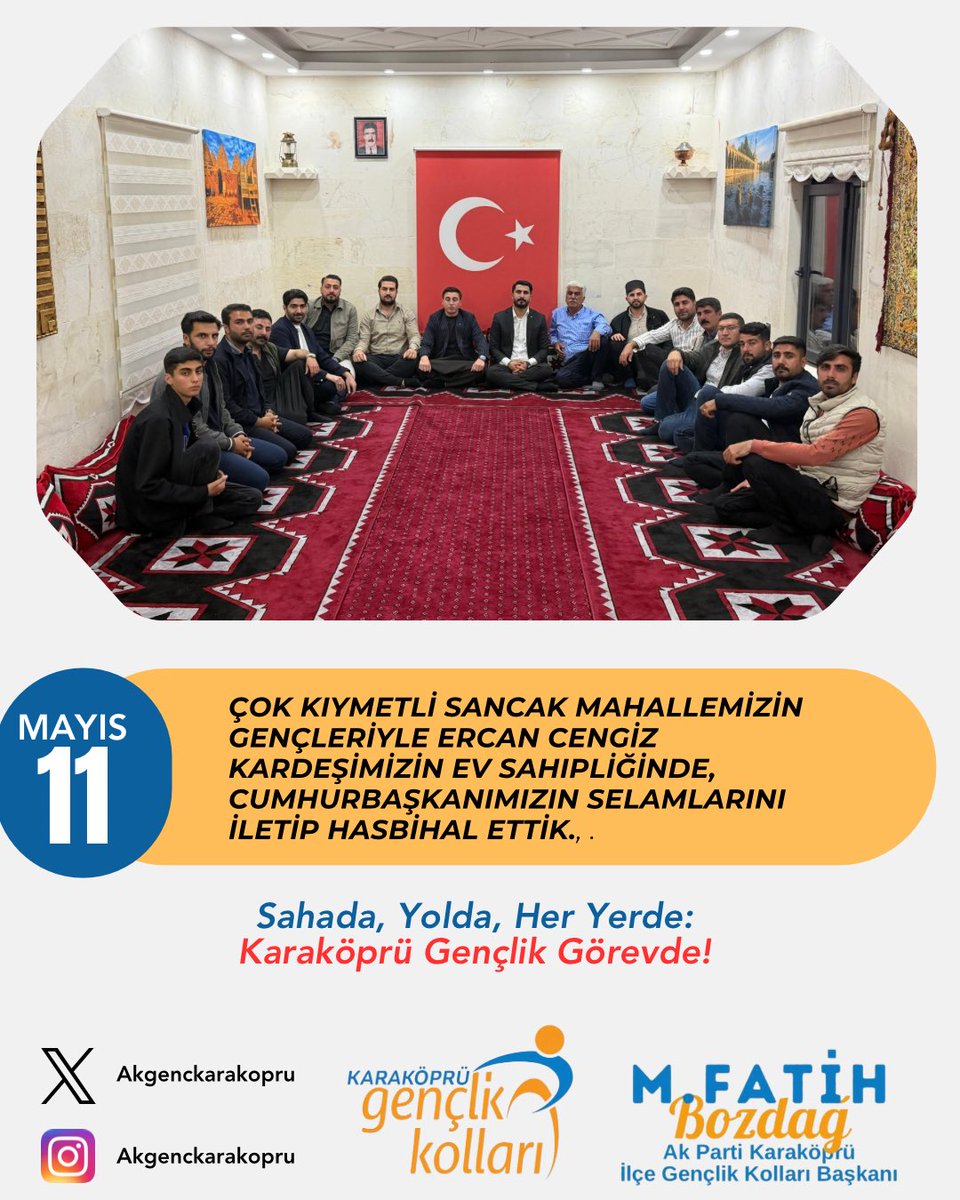 akgenckarakopru's tweet photo. "Gençliğin olduğu her yerde umut var, heyecan var. Sancak Mahallesi sakinlerinden Ercan Cengiz kardeşimizin evinde gençlerimizle hasbihal ettik. Liderimizin selamını emanet ettik.
@avyusufibis @osmannazlier @milhamigunbegi @recepfurkanksp @furkankucukk_ @AkgenclikGM @FBozdag63 https://t.co/LCESm7ZWKF