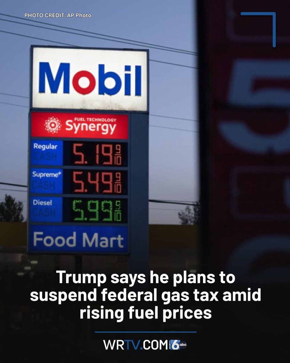 wrtv's tweet photo. President Donald Trump said he plans to suspend the federal gas tax as consumers face higher prices at the pump.

DETAILS: 🔗 https://t.co/oYp7kPiY3H https://t.co/dIWdq8lsko