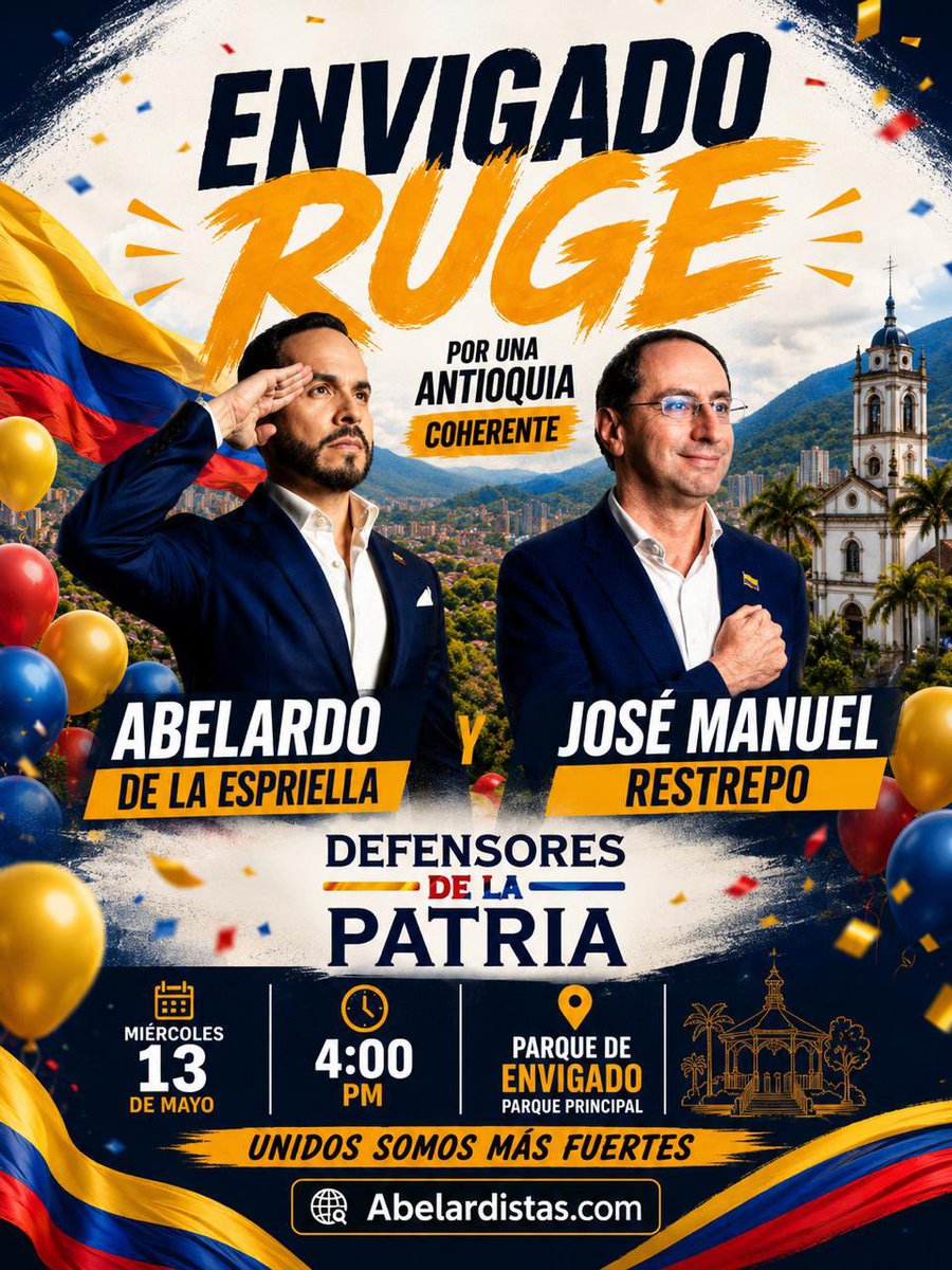 🔴🇨🇴 ESTE MIÉRCOLES 13 

<a href="/ABDELAESPRIELLA/">Abelardo De La Espriella</a> Y <a href="/jrestrp/">José Manuel Restrepo Abondano</a> se toman ENVIGADO!

Te esperamos!