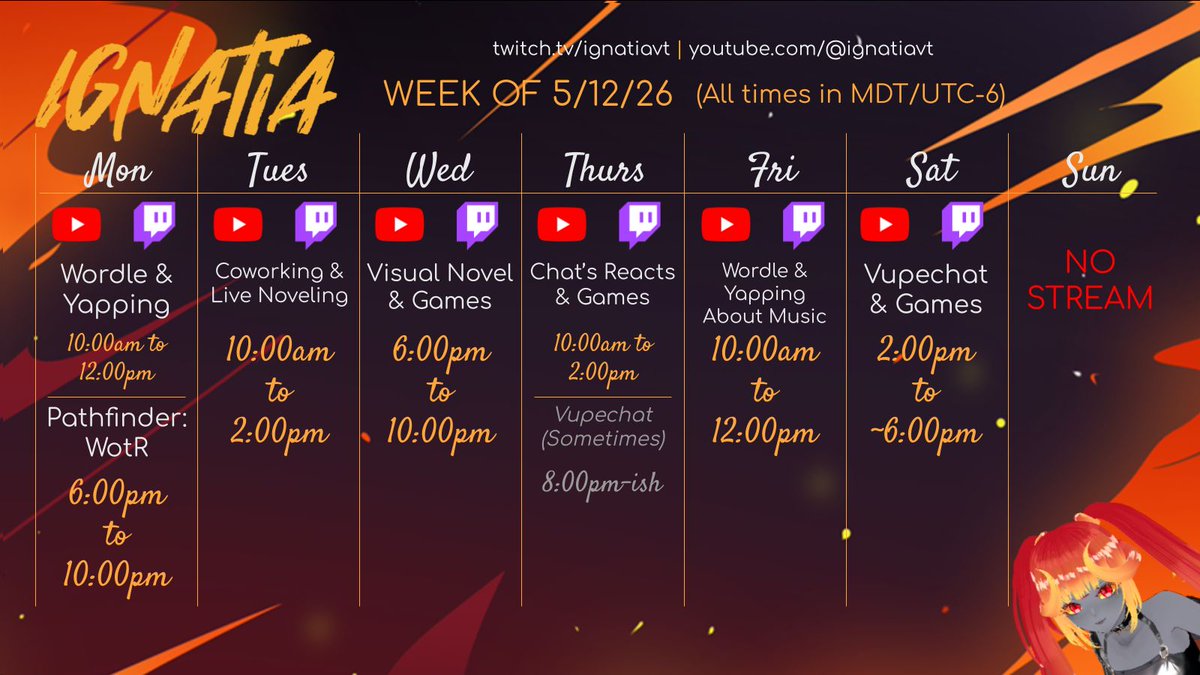IgnatiaVT's tweet photo. This week's schedule! Come hang out with us! https://t.co/VI5PjuKKhF https://t.co/7VdcBop5tp https://t.co/cOhkjJu14u