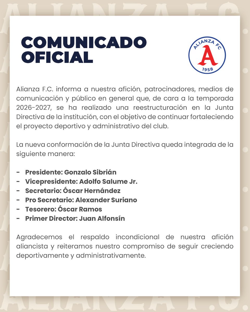 🅰️🐘| Comunicado oficial: Reestructuración #JuntaDirectiva Alianza F.C.