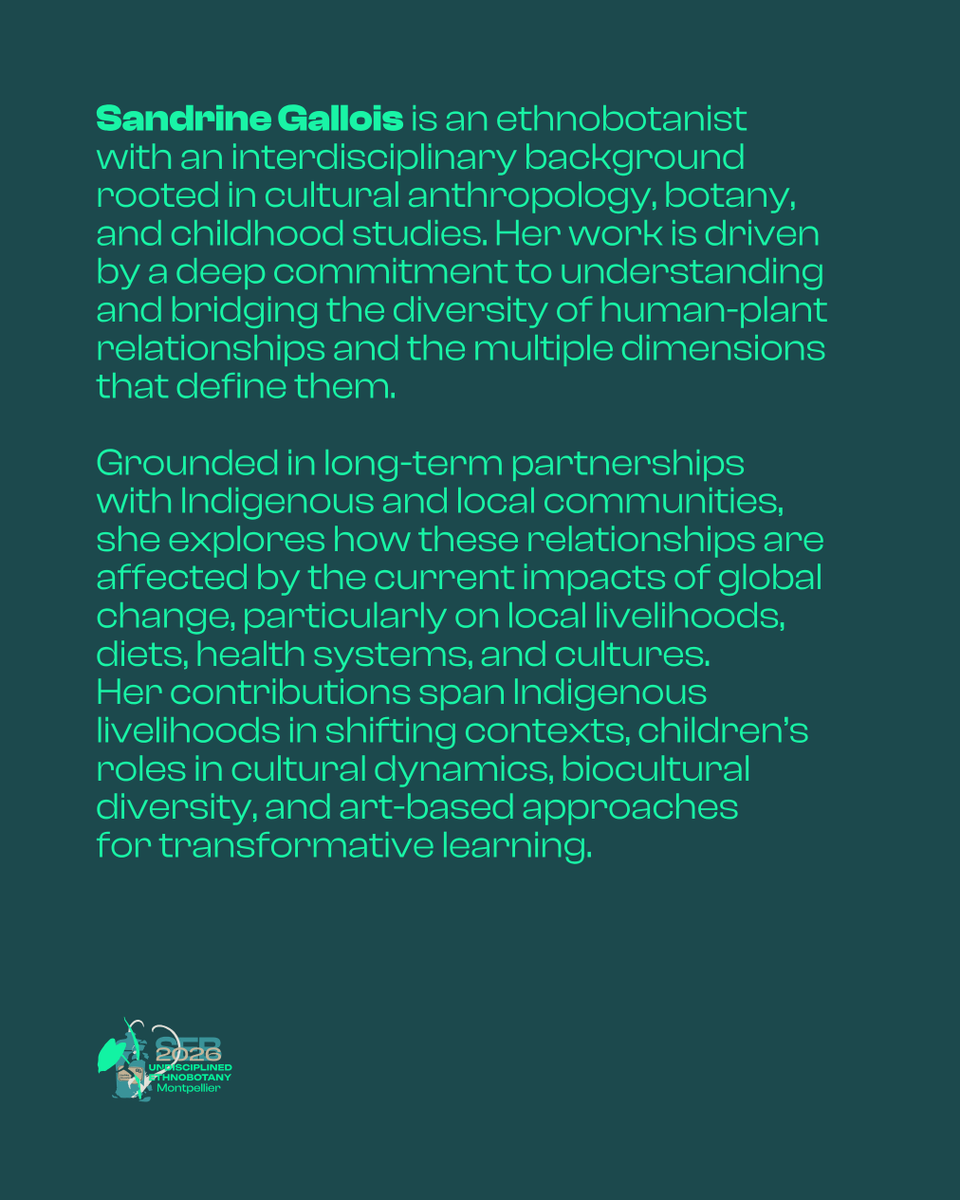 SEBotany's tweet photo. Meet our opening keynote speaker and 2026 SEB Mid-Career Excellence Award winner, Sandrine Gallois!

Her keynote, "Knowledge in Motion: Rethinking Human-plant Relationships through a Holistic Approach," kicks off #SEB2026 on June 1, 2026.

Learn More: https://t.co/HSFTnskDsh https://t.co/w7661SO6LG