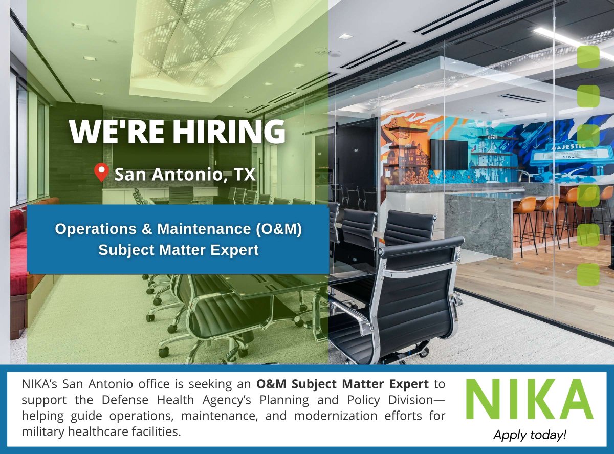 NikaSolutions's tweet photo. #NowHiring: San Antonio #NIKATeam seeks an experienced O&amp;M SME to support DHA planning, sustainment, and modernization efforts across military #HealthcareFacilities.

Help drive facility performance, lifecycle initiatives, and operational readiness.

https://t.co/c544yIQYgN https://t.co/YeipO51jsU