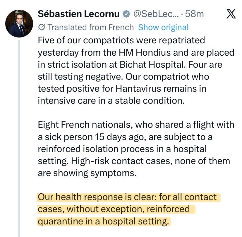 _CatintheHat's tweet photo. HANTAVIRUS OUTBREAK

🚨The French PM has just announced updated precautionary measures to control the spread of Hantavirus in France: 

“Our health response is clear: for ALL contact cases, without exception, reinforced quarantine in a HOSPITAL setting.”

(ie. No home isolating) https://t.co/byplgiSqcl