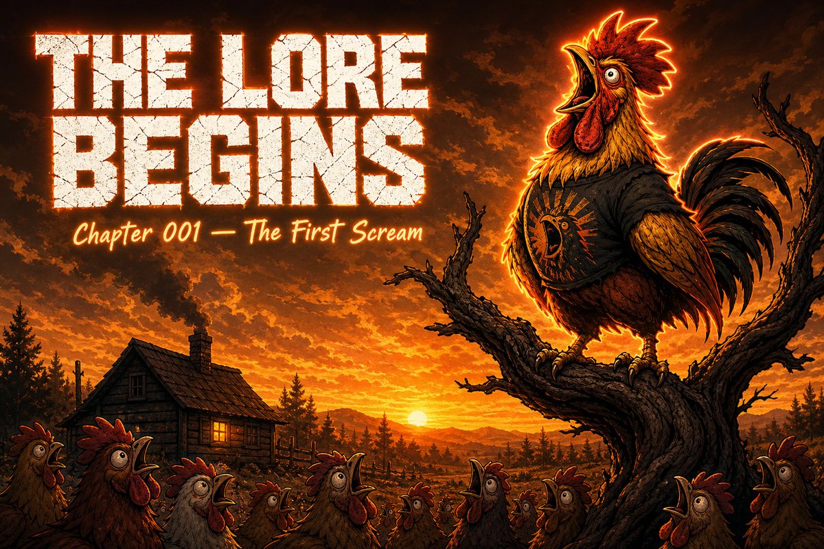SCREAMROOSTERR's tweet photo. 🐔 THE LORE

The sun didn't rise. One chicken climbed the tallest tree and screamed. The sun came back, terrified.

Then the world started to burn. He didn't run. He didn't sell. He screamed louder.

That's why they call him SCREAMING $ROOSTER 🔥 https://t.co/KOjhKXzqy4
