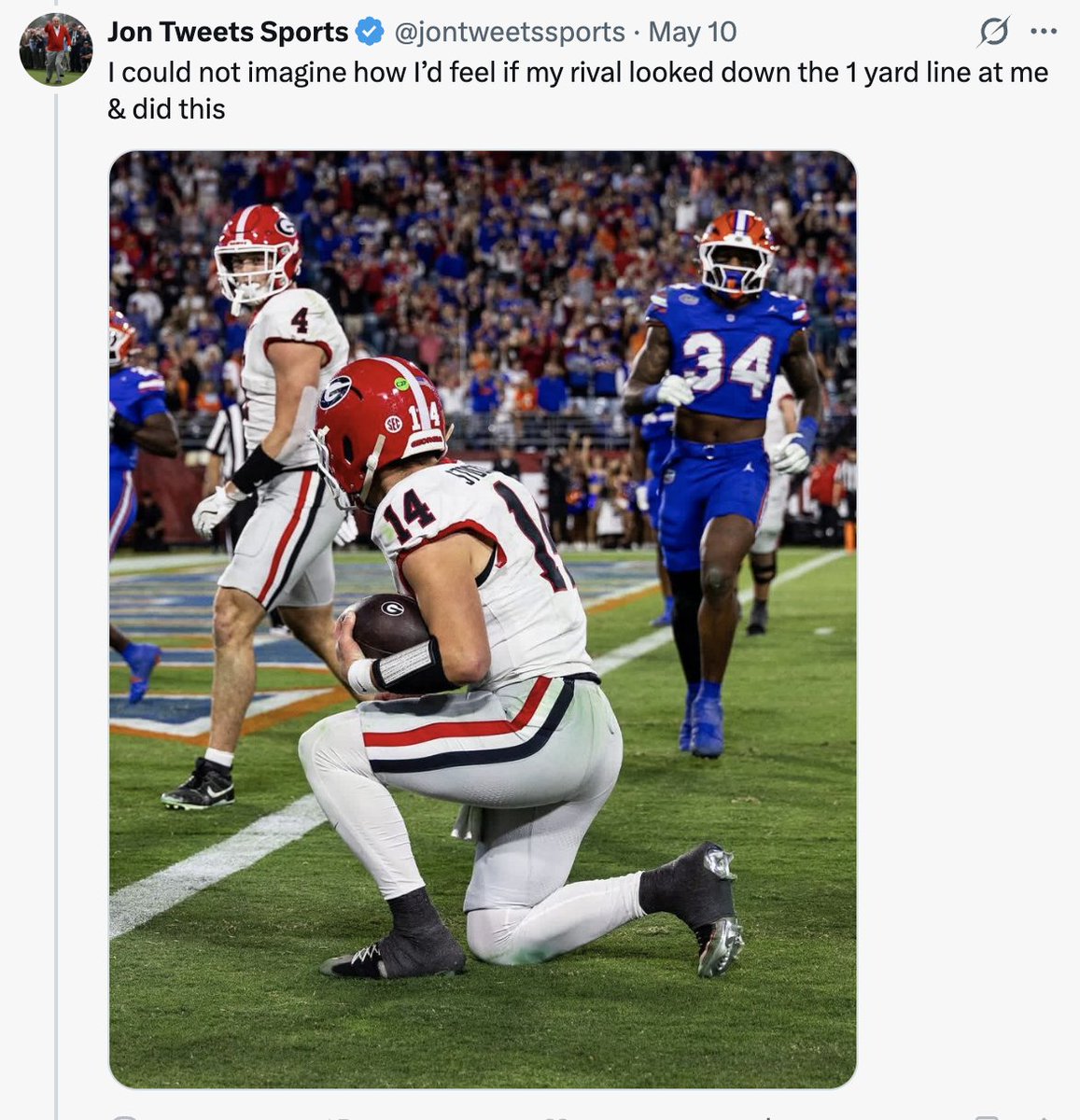 Hater_Radio's tweet photo. Gators were a 4 win team that had fired their coach and y'all were a CFP 1st round bye team. 

The fact that y'all were in a one score game with them is the embarrassing part. https://t.co/JKj312sazl