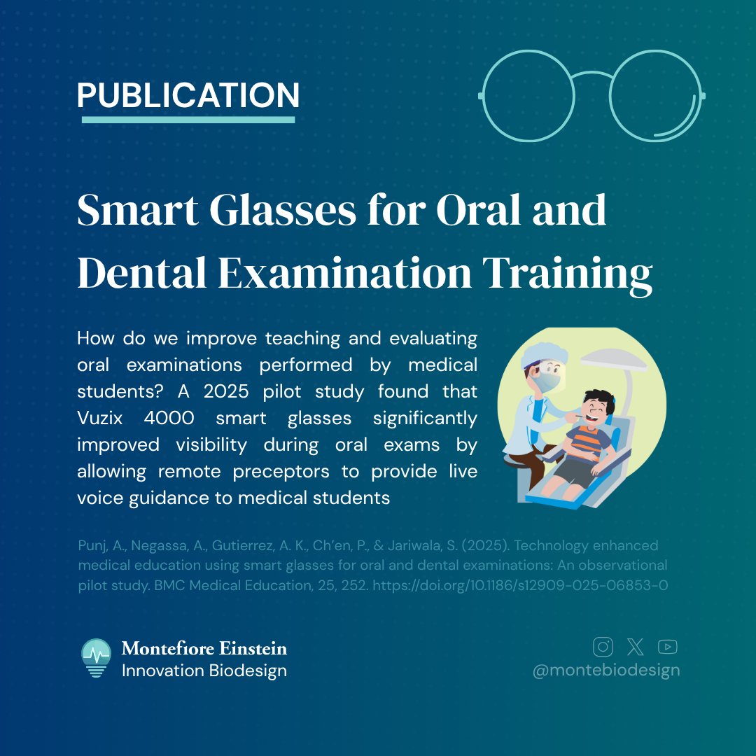 montebiodesign's tweet photo. A 2025 pilot study found that smart glasses can enhance oral and dental examination training. Technology like this could help make clinical teaching more accessible, interactive, and effective.

https://t.co/kS6H92hjO4

@EinsteinMed @MontefioreNYC https://t.co/o80gk8CJ0x