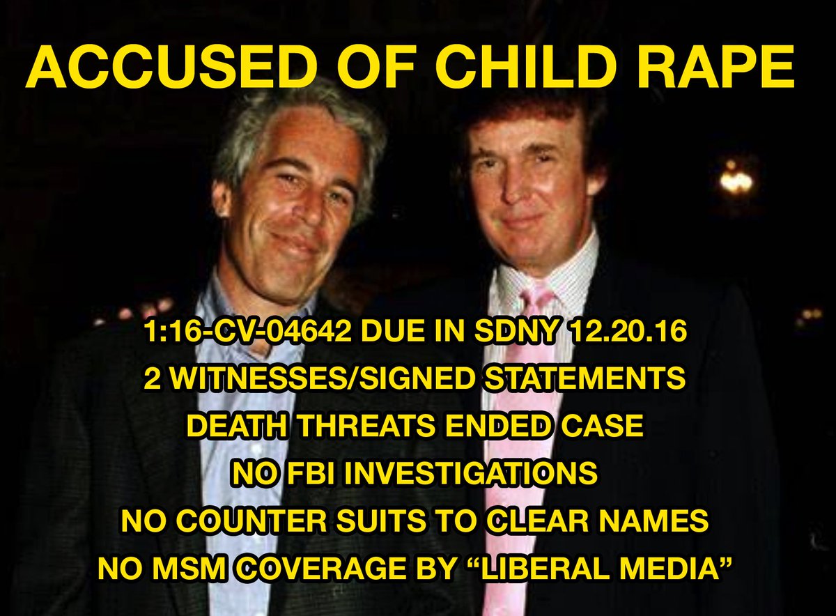 <a href="/NotAvgLiberal/">Not Your Average Liberal</a> Trump threatened Katie/her witnesses paying them off to drop the ACTIVE CHILD RAPE LAWSUIT naming TRUMP and EPSTEIN 
 - NO PERJURY <a href="/NewYorkStateAG/">NY AG James</a> 
 - NO COUNTER SUITS by TRIGGERED TRUMP
 - MSM BLACKOUT
 - <a href="/Comey/">James Comey</a>  VILIFIED HILLARY over fake emails, at Trump's direction