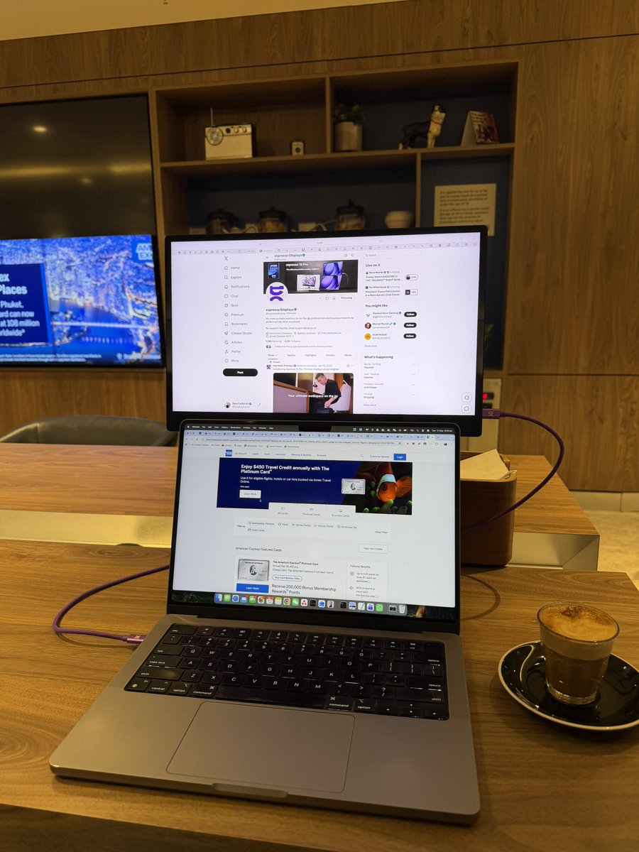 GaryCaldarola's tweet photo. I always bring my @espressodisplay whenever I travel. However, if you need to get some work done before a flight or whilst transiting and have @AmericanExpress Lounge access, you can borrow an espresso in the lounge. https://t.co/659rQMxiHg