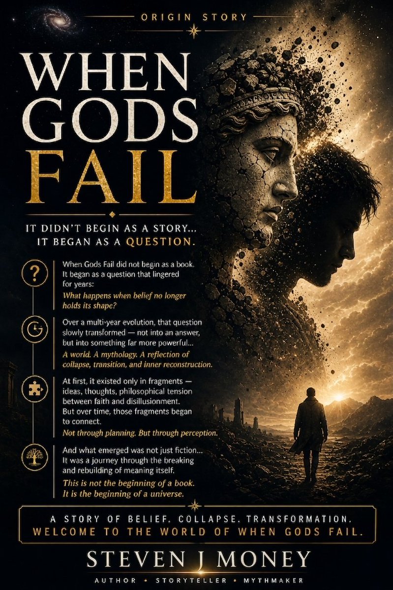 Stevewriter2's tweet photo. It didn’t begin as a story. It began as a question: What happens when belief no longer holds its shape?

The multiyear evolution of When Gods Fail is finally moving from the shadows of thought into the light. Welcome to the world of Steven J Money.

#WhenGodsFail #StevenJMoney https://t.co/dd1W0as5If