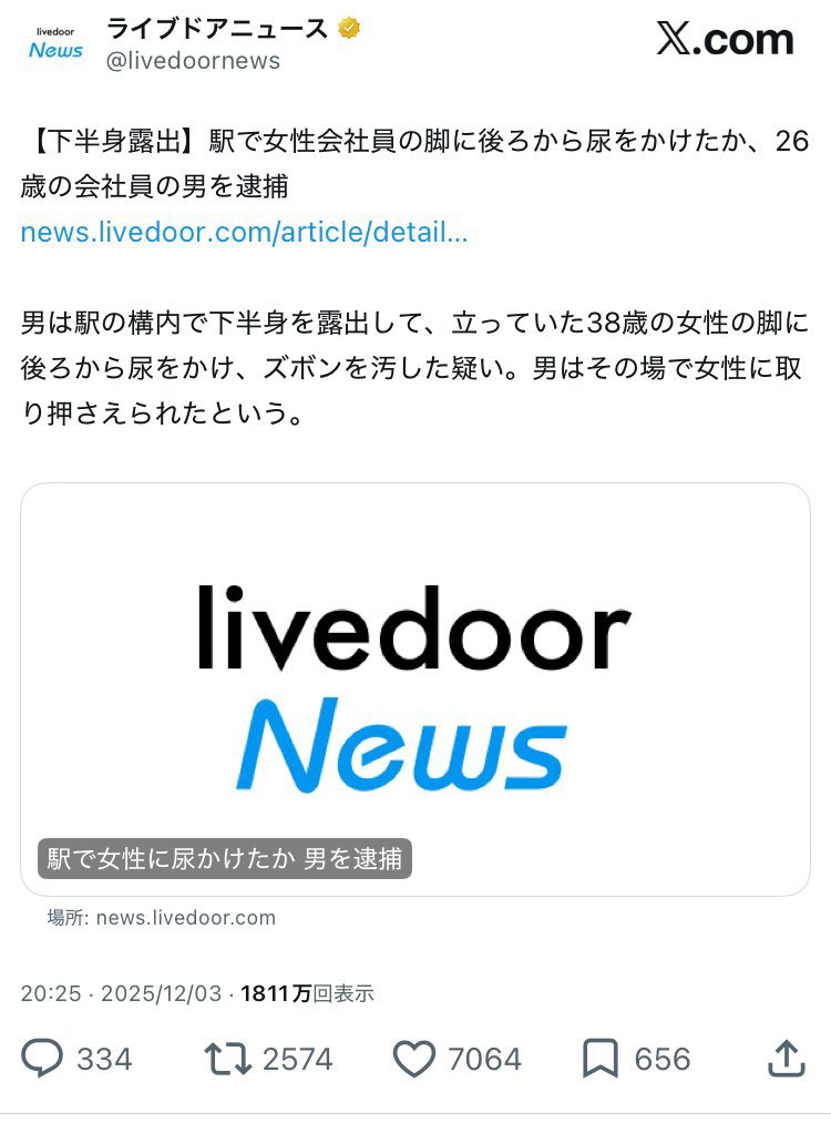 男さん、女性に尿かける事件起こしすぎなんよ…