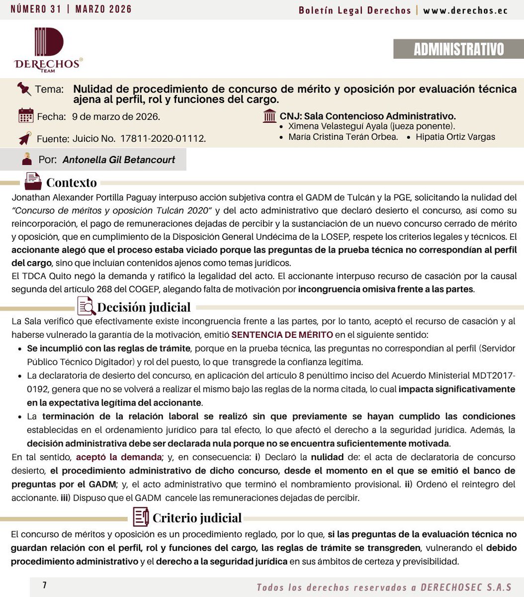 antonellasgb's tweet photo. ⚖️ #DerechoAdministrativo

🤔 ¿Se genera la nulidad del procedimiento de concurso de méritos y oposición cuando la evaluación técnica es ajena al perfil, rol y funciones del cargo?

⬇️ Aquí lo que ha dicho la 🟠#SalaAdministrativaCNJ. 

🗞️ Para acceder a novedades así➡️ Suscripción gratuita al #BoletínLegalDerechos: https://t.co/MbER8UNxKB