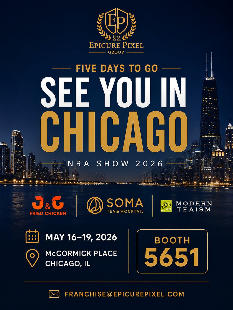 EpicurePixel's tweet photo. ⏰ 5 DAYS TO GO! #NRAShow2026
We're packing up and heading to Chicago! 🇺🇸

EpicurePixel Group | J&G Fried Chicken | SOMA Tea & Mocktail | Modern Teaism

Come find us May 16–19 at McCormick Place. Let's talk business. 🤝

📧 Franchise@EpicurePixel.com
📸 #EpicurePixel #Franchise #FoodService #Chicago