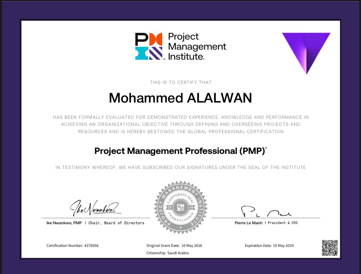 Alalwan19090's tweet photo. الحمدلله، أعتز بحصولي على شهادة
Project Management Professional (PMP®)
من Project Management Institute. 🎓

محطة مهمة أضافت لي الكثير في مفاهيم إدارة المشاريع، التخطيط، القيادة، وإدارة المخاطر وفق أفضل الممارسات العالمية. 

#PMP #PMI #ProjectManagement #Leadership https://t.co/I6g9zfVFe4